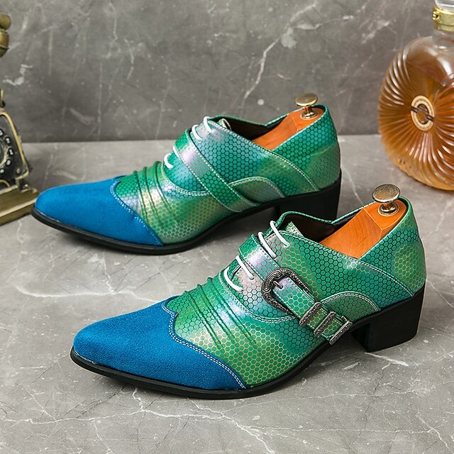 Men's Iridescent Buckle Strap Oxford Shoes with Blue Suede Toe and