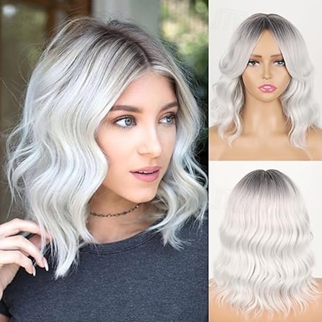  peruca curta ondulada bob com franja cortina, peruca curta ondulada com raízes escuras perucas bob para mulheres peruca bob ondulada de aparência natural com franja