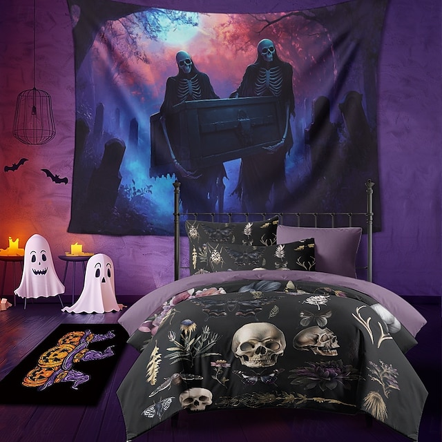 Halloween-Dekorationen, Schwarzlicht-Wandteppich, UV-reaktiv, im Dunkeln leuchtend, Glow-Party, Skelett-Manschette, psychedelischer, trippiger, nebliger Wandteppich zum Aufhängen, Wandkunst, Wandbild