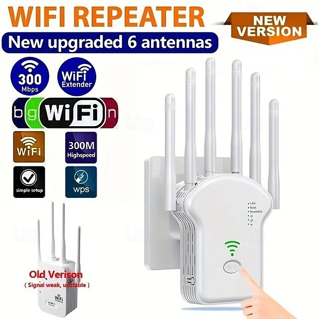  WiFi Extender WiFi Booster 6Times Stronger 300Mbps WiFi 2.485GHz Dual Band Strong WiFi SignalPenetration 35 Devices 4 Modes 1-Tap Settings 6 Antennas 360 FullCoverage  Support Ethernet Port