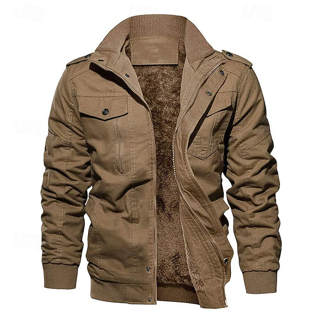 Men's Winter Jacket Fleece Jacket Casual Jacket Daily Vacation Thermal Warm Pocket Fleece Fall & Winter Plain Fashion Streetwear Stand Collar Regular Black Navy Blue Khaki Army Green Dark Gray Jacket 13