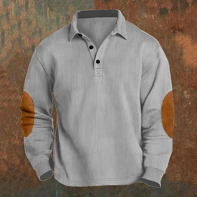 Men's Corduroy Shirt Golf Shirt Work Casual Lapel Long Sleeve Basic Modern Color Block Patchwork Button Spring & Fall Regular Fit Black Yellow Army Green Blue Gray Corduroy Shirt 9