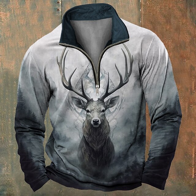 Christmas Deer Vintage Casual Men's Polo Shirt Zip Polo Pullover Long Sleeve Dailywear Spring Fall & Winter Zipper 3D Print Collar Gray Micro-elastic Polyester4