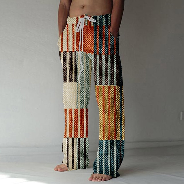  Men's Plaid Pants Trousers Mid Waist Drawstring Elastic Waist Hawaiian Casual Holiday Straight Leg Trousers Summer Spring Fall 3D Print Multi Color