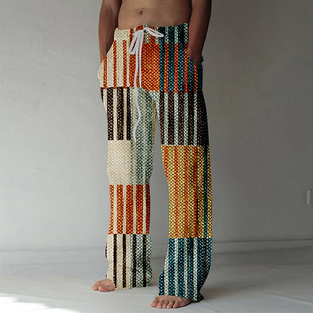 Men's Plaid Pants Trousers Mid Waist Drawstring Elastic Waist Hawaiian Casual Holiday Straight Leg Trousers Summer Spring Fall 3D Print Multi Color4