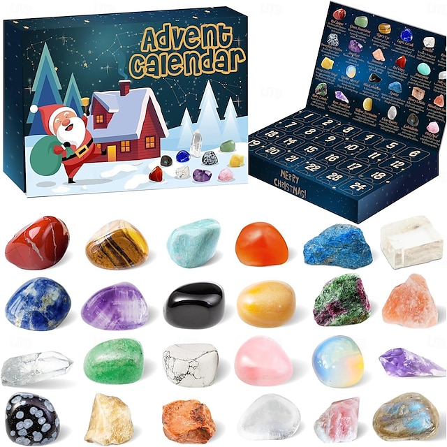  1 bucată calendar de advent cu pietre prețioase de Crăciun, 24 de pietre prețioase de cristal naturale, pietre prețioase de deschis în fiecare zi pentru colecția de învățare, calendar de advent de