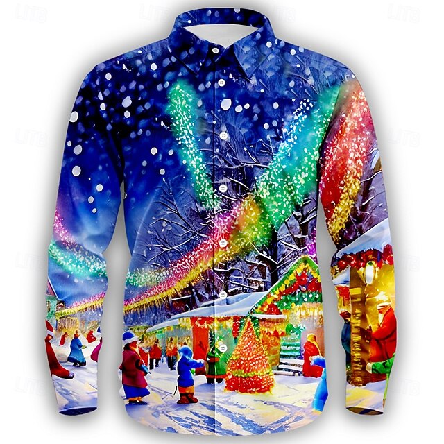 Christmas Men's Ugly Christmas Shirt Button Up Shirt Long Sleeve Casual Party Evening Wear Daily Fall Winter Spring & Summer Shirt Collar Button Up 3D Print Blue4