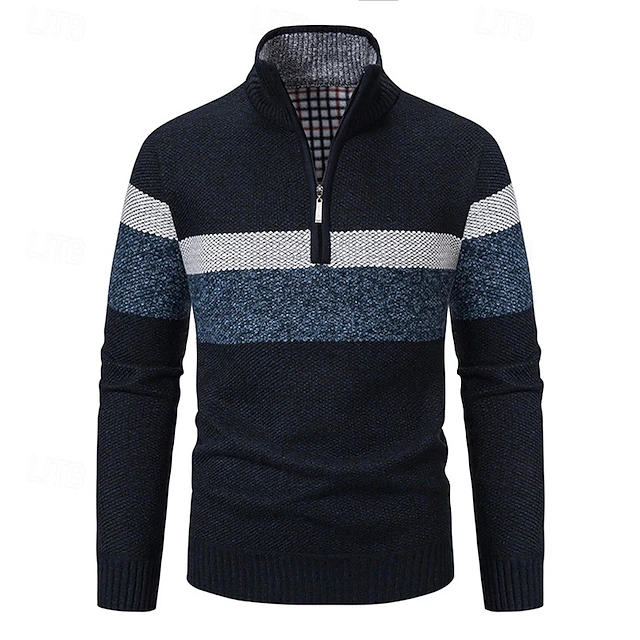 Men's Pullover Sweater Jumper Quarter Zip Sweaters Knit Sweater Ribbed Knit Regular Knitted Fleece Color Block Quarter Zip Fashion Basic Daily Wear Date Clothing Apparel Fall & Winter Navy Blue S M L 11