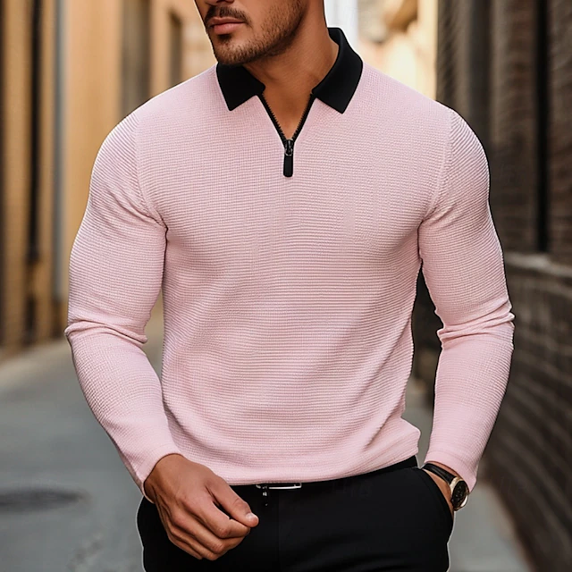 Men's Waffle Polo Shirt Golf Shirt Outdoor Causal Quarter Zip Long Sleeve Fashion Modern Solid Color Knitted Spring & Fall Standard Fit White Yellow Pink Light Grey Waffle Polo Shirt 7