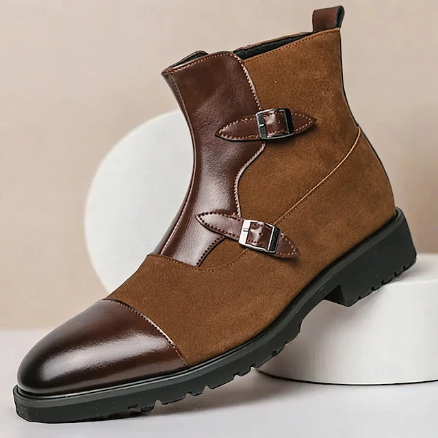 Men's Brown Faux Suede and Leather Ankle Boots with Double Buckle Straps - Stylish Formal Boots for Parties and Events 18