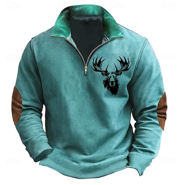  Homme Chasse Cerf Sweats Sweat shirt Sweat zippé manche longue Sweat-shirt Demi fermeture éclair Vacances Cow-boy occidental 3D effet Soirée Vacances Demi-zip