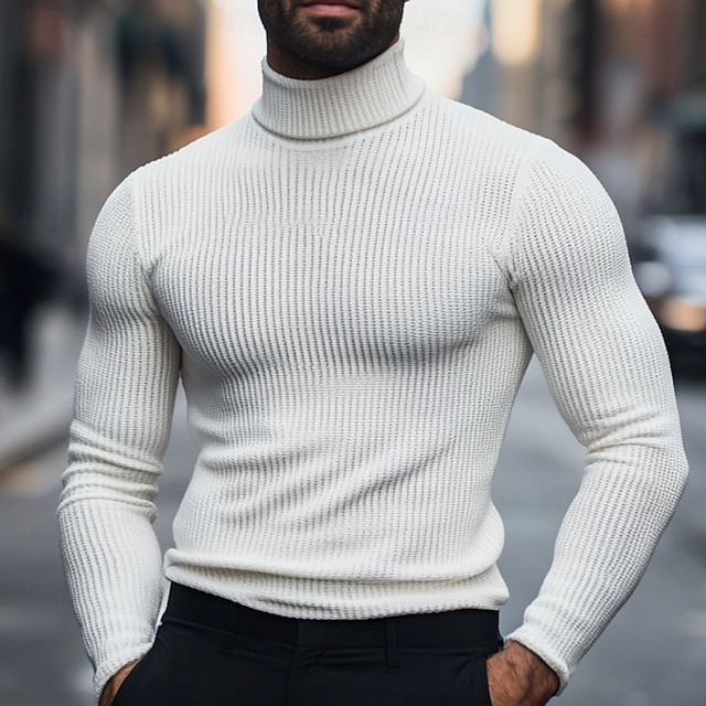  Men's T Shirt Muscle Shirt Long Sleeve Shirt Mock Turtleneck Long Sleeve Turtleneck Rolled collar Fall & Winter Plain Lightweight Classic Casual Ribbed Outdoor Casual Sports White Top Tee for Men