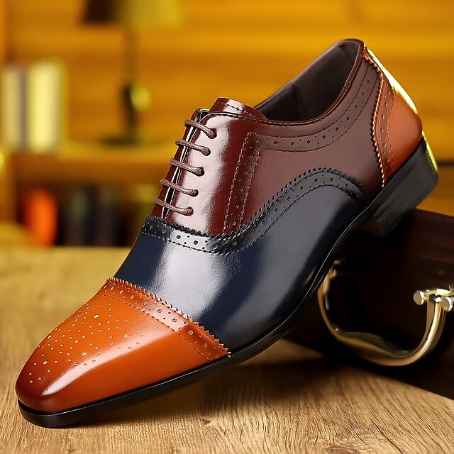 Men's Two-Tone Faux Leather Oxford Shoes - Classic Lace-Up Brogue Dress Shoes with Wingtip Design for Formal and Business Wear 20