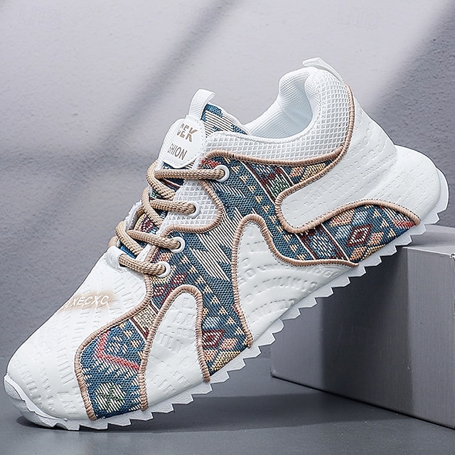  Men's White Athletic Sneakers with Tribal Print and Mesh Upper – Lightweight Running Shoes for Sports and Casual Wear