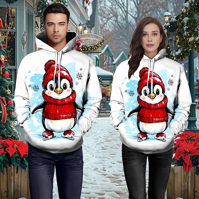  Crăciun Animal Pinguin Hanorac cu Glugă Hanorac amuzant de Crăciun #D Crăciun Buzunar frontal Grafică Pentru Pentru cupluri Bărbați Pentru femei Adulți Mascaradă Imprimare 3D Petrecere Casul / Zilnic