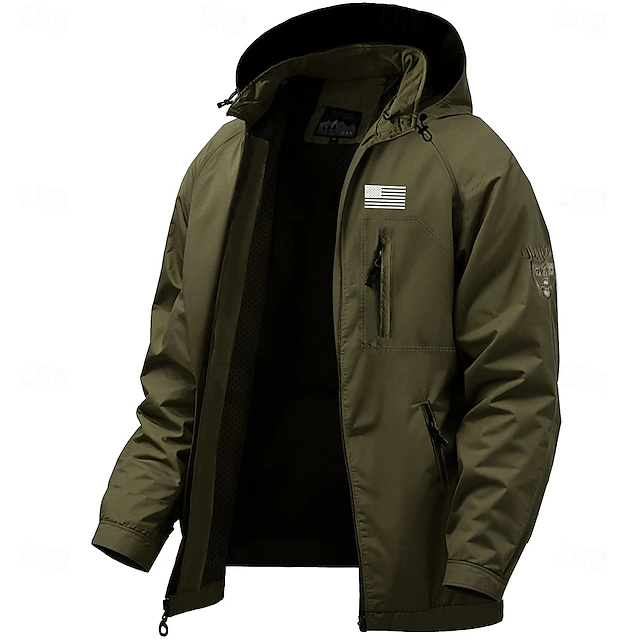 Men's American US Flag Jacket Raincoat Shell Jacket Waterproof Lightweight Casual Sports Outdoor Camping & Hiking Embroidered Side Pockets Zip Front Fall Winter Hooded Long Sleeve Green khaki Dark 7