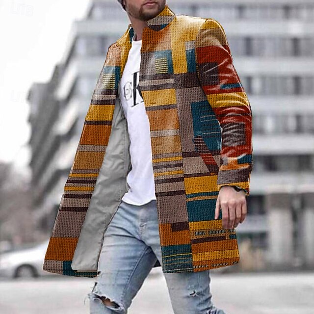 Men's Plaid Winter Coat Fleece Jacket Overcoat Thermal Comfortable Vintage Business Casual Party Evening Wear Daily Wear 3D Print Buttons Front Pocket Winter Turndown Long Sleeve Brown4