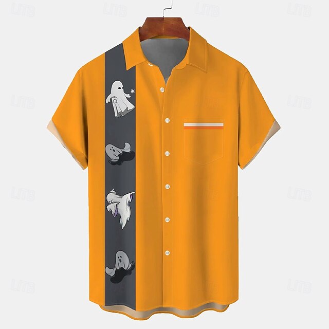 Halloween Men's Ghost Halloween Costumes Bowling Shirt Button Up Shirt Short Sleeve Hawaiian Casual Vacation Daily Summer Turndown Button Up 3D Print Yellow4