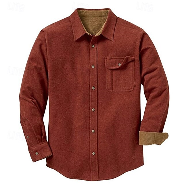 Men's Shirt Button Up Shirt Flannel Shirt Fleece Red Dark Navy Long