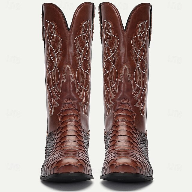 Men's Brown Western Cowboy Boots with Snakeskin Pattern and Embroidered ...