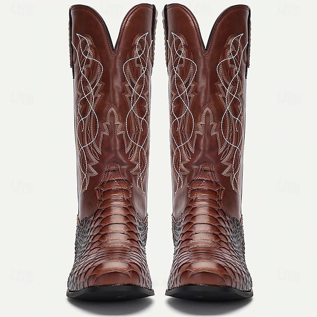 Men's Brown Western Cowboy Boots with Snakeskin Pattern and Embroidered ...