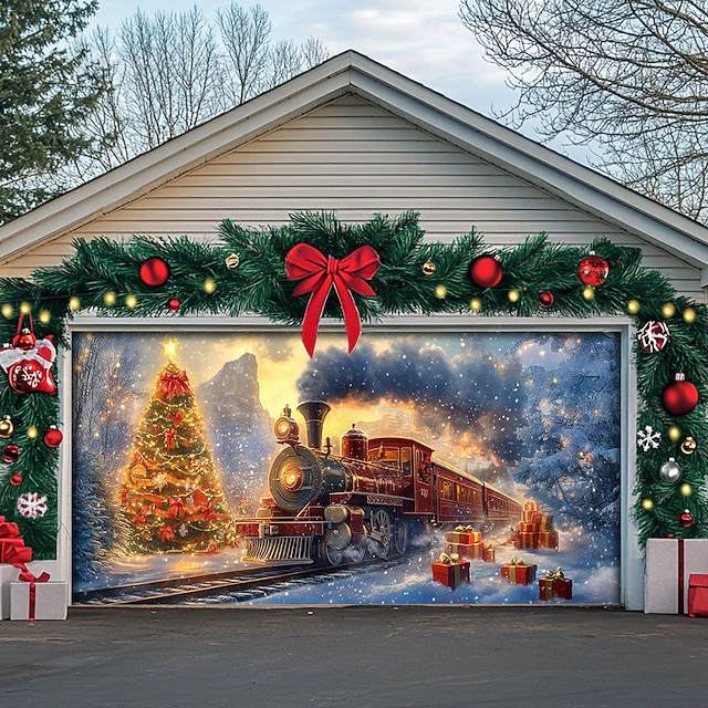 Christmas Outdoor Garage Door Cover Xmas Banner Train Tree Large Christmas Backdrop Decoration for Holiday Outdoor Garage Door Home Wall Decorations 10