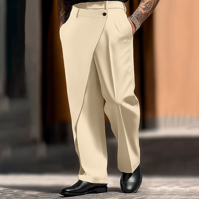  Men's Trousers Dress Pants Pocket Layered Straight Leg Plain Comfort Soft Full Length Daily Outdoor Going out Fashion Streetwear White Khaki Micro-elastic