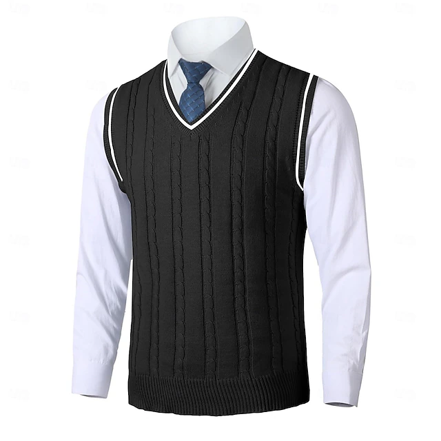 Men's Sweater Vest Pullover Sweater Jumper Dress Sweater Knit Sweater Ribbed Cable Knit Regular Knitted Plain V Neck Keep Warm Modern Contemporary Daily Wear Going out Clothing Apparel Fall Winter 13