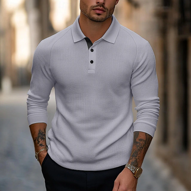 Men's Golf Polo Waffle Knit Polo Shirt Business Casual Ribbed Polo Collar Long Sleeve Fashion Basic Solid Color Knitting Fall Winter Regular Fit Dark Grey Black Army Green Navy Blue Light Grey Golf 11