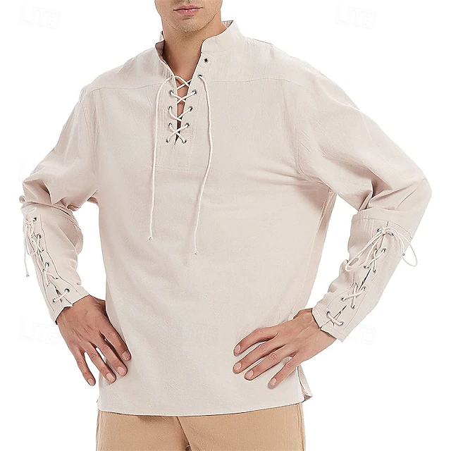 Men's Shirt Linen Shirt Popover Shirt Casual Shirt Cotton Shirt Plain Hawaiian Holiday Black White Wine Navy Blue Long Sleeve Stand Collar Spring & Fall Clothing Apparel Lace up 16