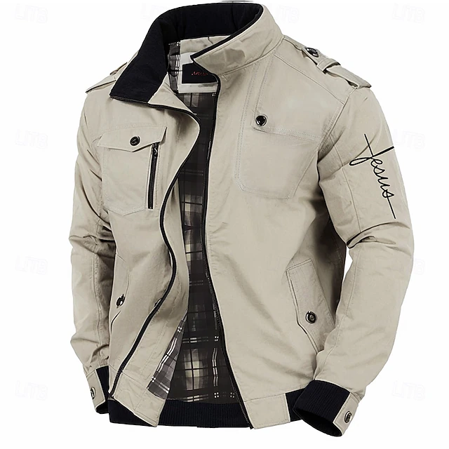 Graphic Letter Printed Jesus Men's Standing Collar Jacket Zip Up Combat Bomber Jacket Tactical Cargo Outwear Cotton Comfy Breathable Coat With Pockets 5