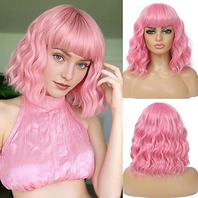  perruque courte bob avec frange pour femme perruques bob ondulées bouclées en fibres synthétiques résistantes à la chaleur d'aspect naturel pour une utilisation quotidienne en soirée