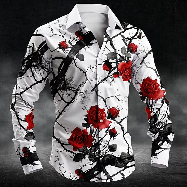 Men's Halloween Costumes Day of the Dead Rose Button Up Shirt Long Sleeve Fashion Casual Party Evening Wear Daily Fall Winter Spring & Summer Shirt Collar Button Up 3D Print White4