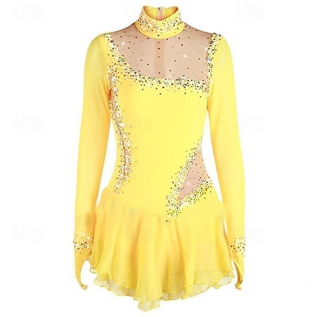 Figure Skating Dress Women's Girls' Ice Skating Dress Yellow Patchwork Mesh High Elasticity Training Competition Skating Wear Classic Crystal / Rhinestone Long Sleeve Ice Skating Figure Skating3