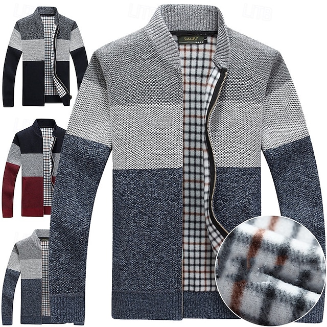 Men's Cardigan Sweater Cropped Sweater Zip Sweater Knit Sweater Ribbed Knit Regular Patchwork Pocket Color Block Stand Collar Fashion Classic Daily Wear Date Clothing Apparel Fall & Winter Red Light 6