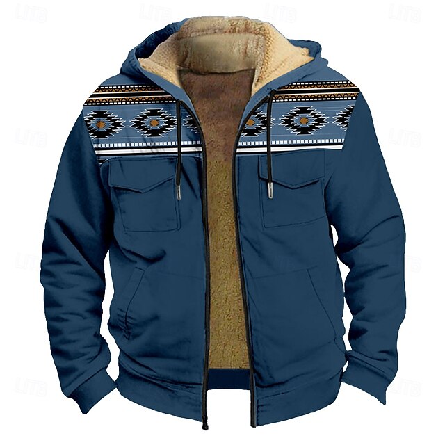 Men's Aztec Fleece Hoodie Hoodies Fashion Cool Long Sleeve Hooded Holiday Streetwear Blue Zipper Pocket Fall Winter Designer4