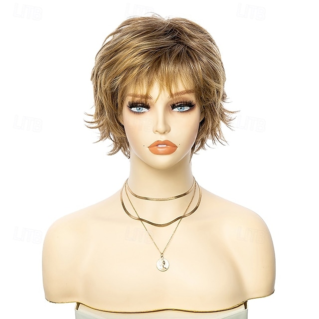  perruque synthétique coupe lutin droite perruque courte blonde cheveux synthétiques design à la mode pour femmes blond naturel doux