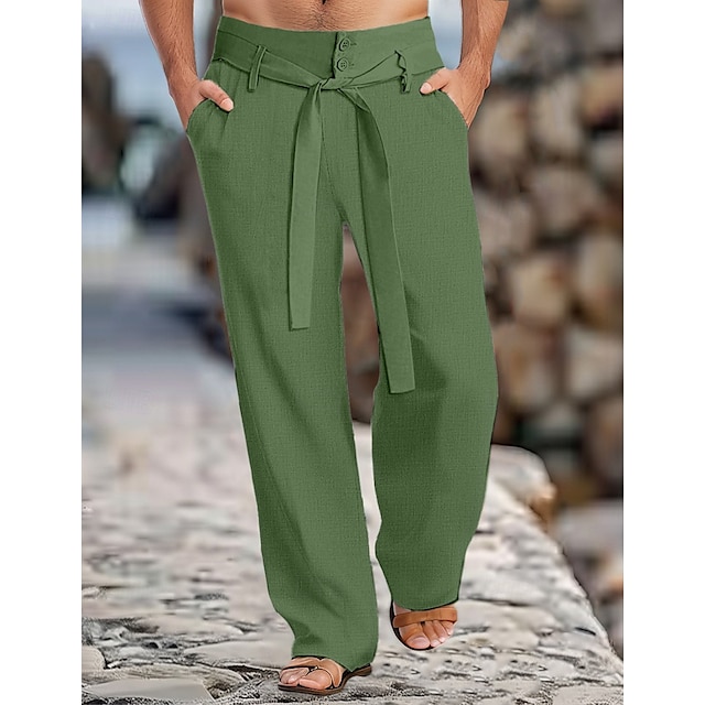  Homens Calças de linho Calças Calça verão Com cinto Bolso frontal Perna reta Tecido Conforto Respirável Comprimento total Casual Diário Feriado Moda Básico Preto Branco Sem Elasticidade