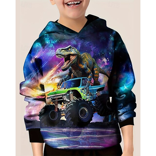 Boys 3D Graphic Galaxy Dinosaur Hoodie Long Sleeve Spring Fall Fashion Streetwear Kids 4-12 Years Hooded Outdoor Casual Daily Regular Fit4