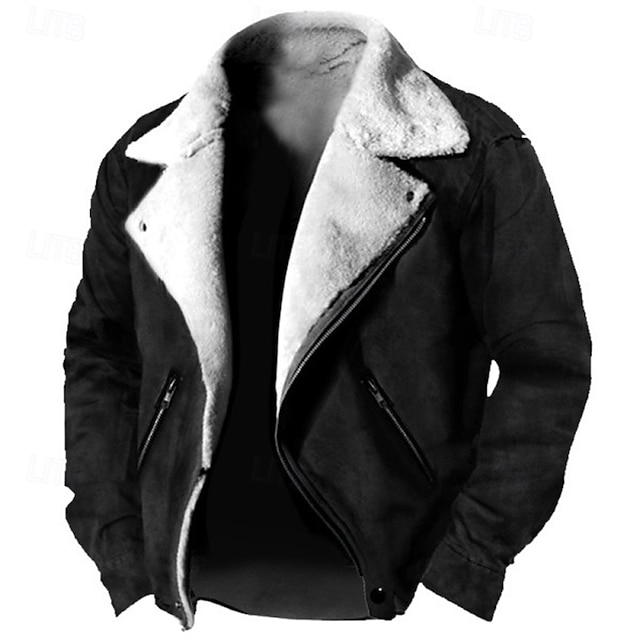  Męskie Kurtka zimowa Kurtka polarowa Kurtka Sherpa Kurtka ze sztucznego zamszu Urlop Codzienny Keep Warm Kieszeń Polar Jesień i zima Równina Moda Moda miejska Klapa Regularny Sztuczna skóra Czarny