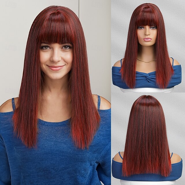 Synthetic Wig Uniforms Career Costumes Princess Straight kinky Straight Middle Part Layered Haircut With Bangs Machine Made Wig 22 inch Black / Rose Synthetic Hair Women's Cosplay Party Fashion Red2