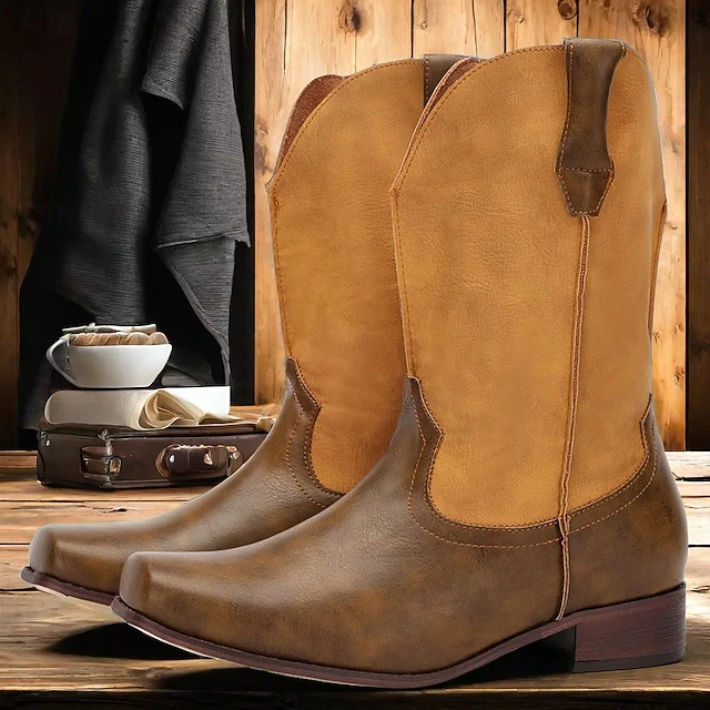 Men's Western Cowboy Boots – Vintage Style Tan Faux Leather Mid-Calf Boots with Square Toe, Ideal for Outdoor and Casual Wear 10