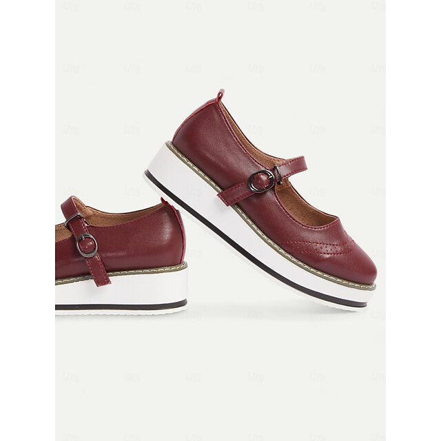 Women's Red Mary Jane Platform Shoes with Brogue Detailing and Buckle