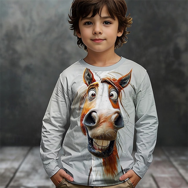  Pojkar 3D Grafisk Djur Häst T-shirt Långärmad Vår Höst Mode Grundläggande Barn 4-12 år Rund hals Utomhus Ledigt Dagligen Normal