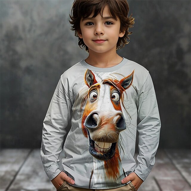 Boys' 3D Graphic Animal Horse T shirt Tee Long Sleeve Spring Fall Fashion Basic Kids 4-12 Years Crew Neck Outdoor Casual Daily Regular Fit4