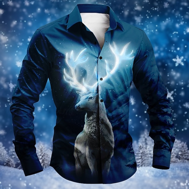  jul herr jul djurtryckta skjortor rådjur mode ledig knapp upp långärmad fest kväll dagligen höst vinter vår & sommarkrage button up 3d-utskrift tunn blå polyester