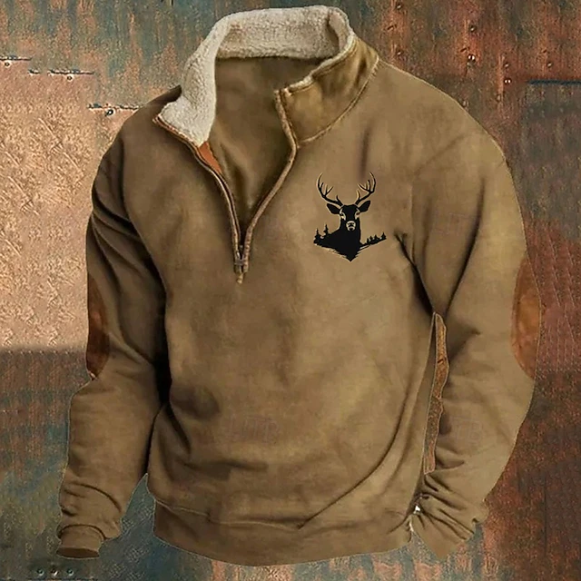 Men's Sweatshirt Quarter Zip Sweatshirt Black Navy Blue Brown Gray Half Zip Color Block Reindeer Patchwork Sports & Outdoor Daily Holiday Polyester Vintage Basic Casual Fall & Winter Clothing Apparel 5