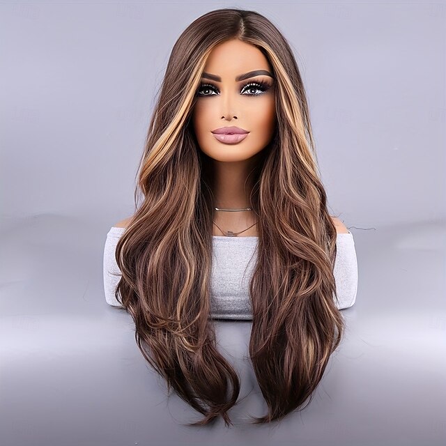  perruque synthétique longue et bouclée - brun riche avec des accents blonds, longueur luxueuse, texture rebondissante et style d'apparence naturelle - parfaite pour les femmes au quotidien et les