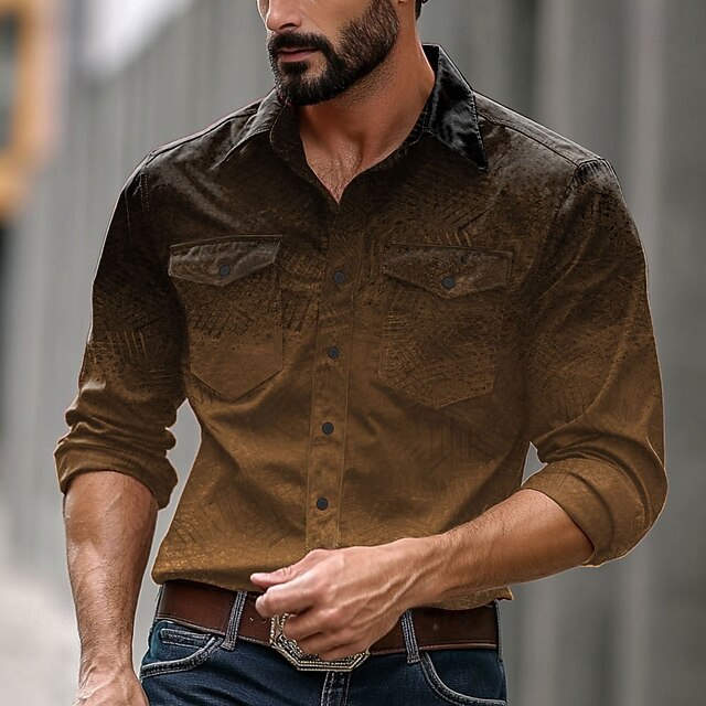 Men's Ombre Cowboy Western Shirt Button Up Shirt Cowboy Shirt Long Sleeve Casual Formal Daily Holiday Fall Winter Spring & Summer Turndown Collared Shirts Button Up Pocket 3D Print Brown4
