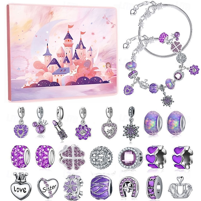  jul adventskalender, gör-det-själv 24 dagars xmas nedräkningsarmbandsset, lila pärlor charm kit, smyckesframställningspresent för flickor, födelsedag eller examen handgjorda armband blind box